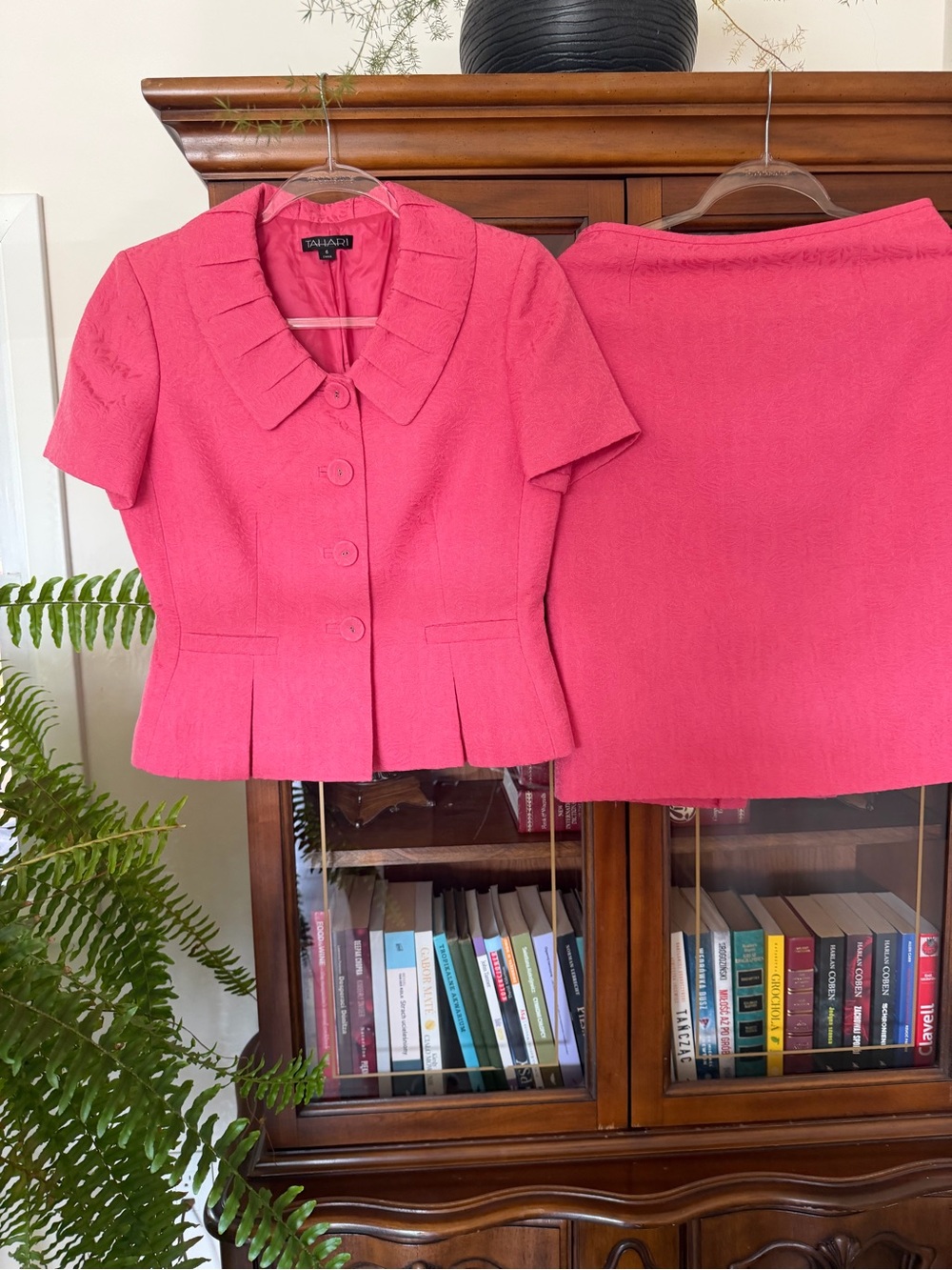 Tahari Hot Pink Short Sleeve Peplum Jacket & Skirt Set